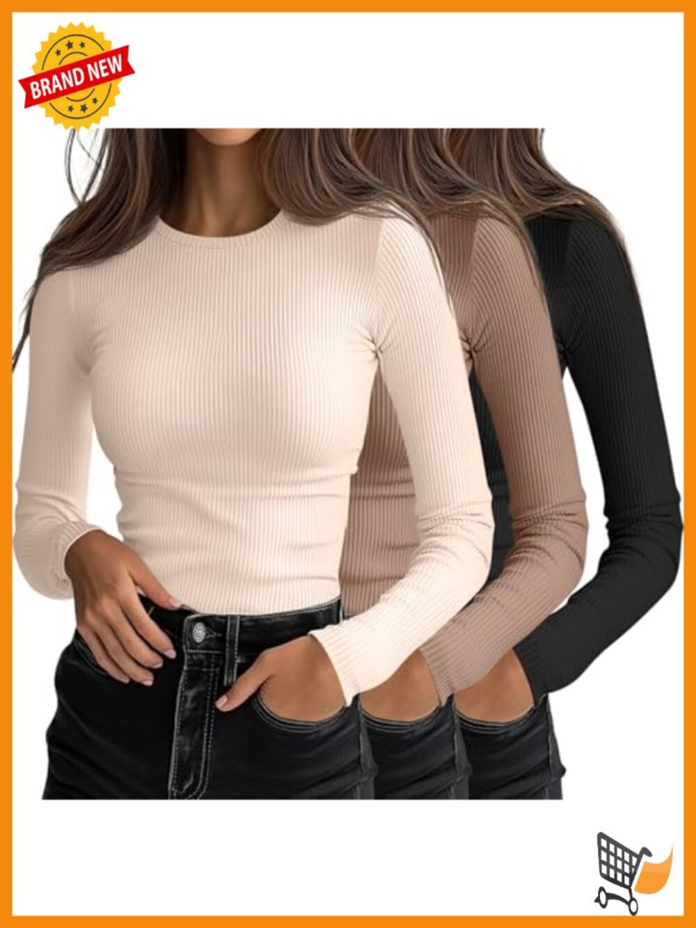 Women's Ribbed Long Sleeve Fitted Tops Crew Neck Stretch Slim Fit 3 Pack